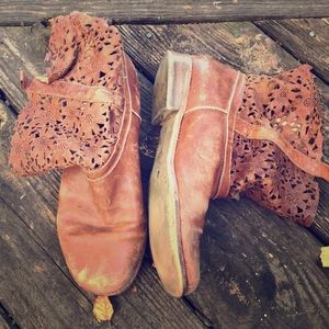 Brown Leather Floral Cutout Ankle Boots